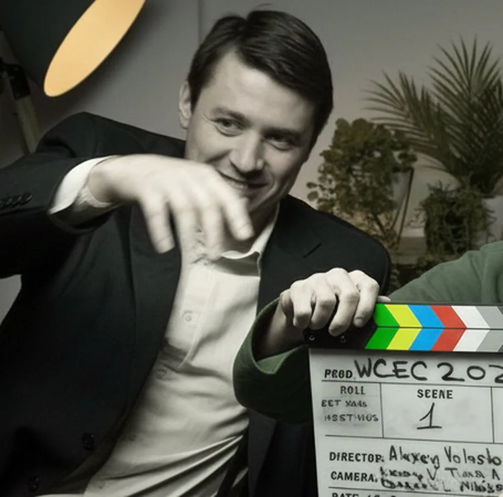 Bruno Domanski no set de gravação do documentário da Woodpecker, na Europa, com a claquete e o refletor do estúdio