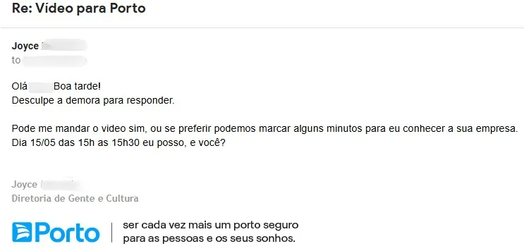 Resposta da Porto propondo horário de reunião